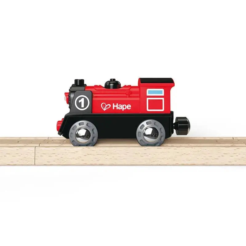 Hape Wooden Railway Battery Powered Engine No. 1 Kid's Train Set Red,  White, Black, Blue, L: 3.7, W: 1.3, H: 1.9 inch
