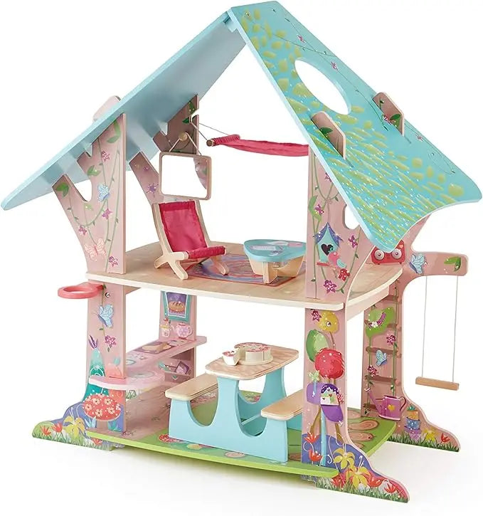 Kruselings Magical Forest Wooden Clubhouse - with 7 Fairy Accessories and 4 Stickers to Decorate - 24" Tall - for 9" Dolls Kruselings