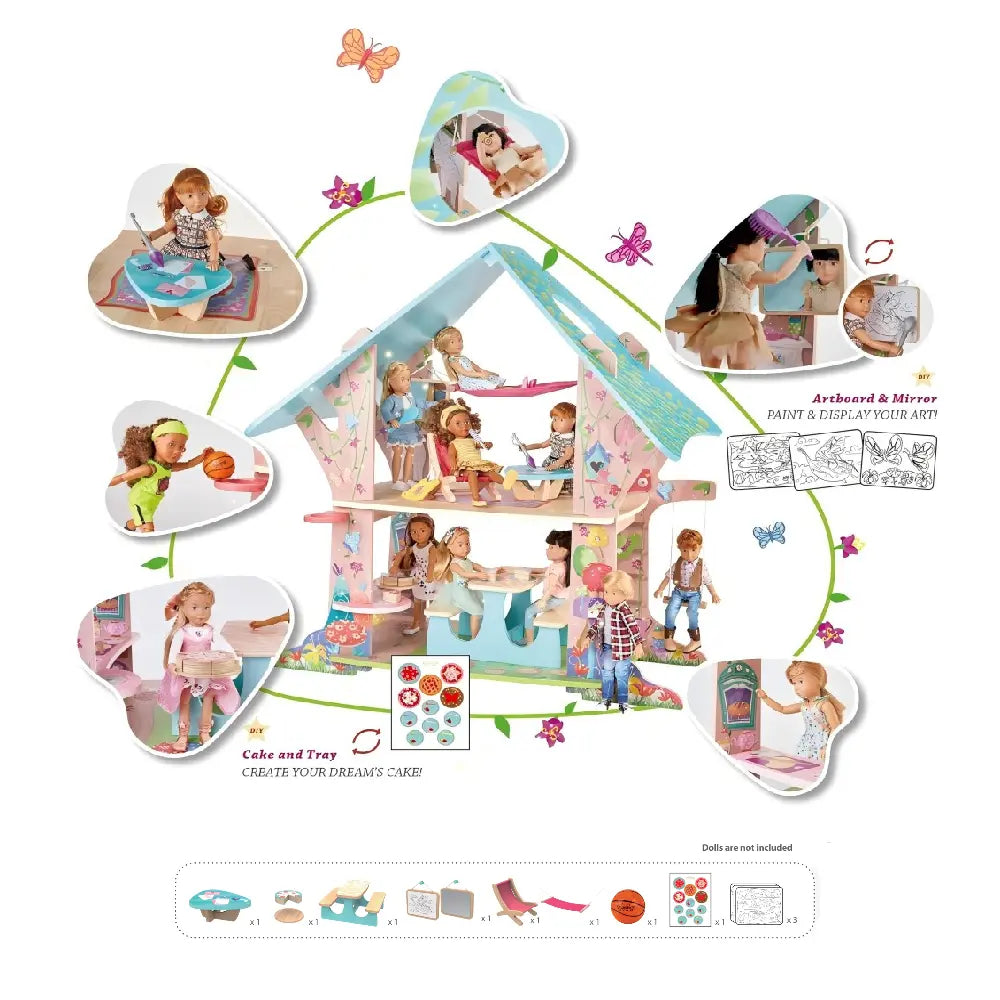 Kruselings Magical Forest Wooden Clubhouse - with 7 Fairy Accessories and 4 Stickers to Decorate - 24" Tall - for 9" Dolls Kruselings