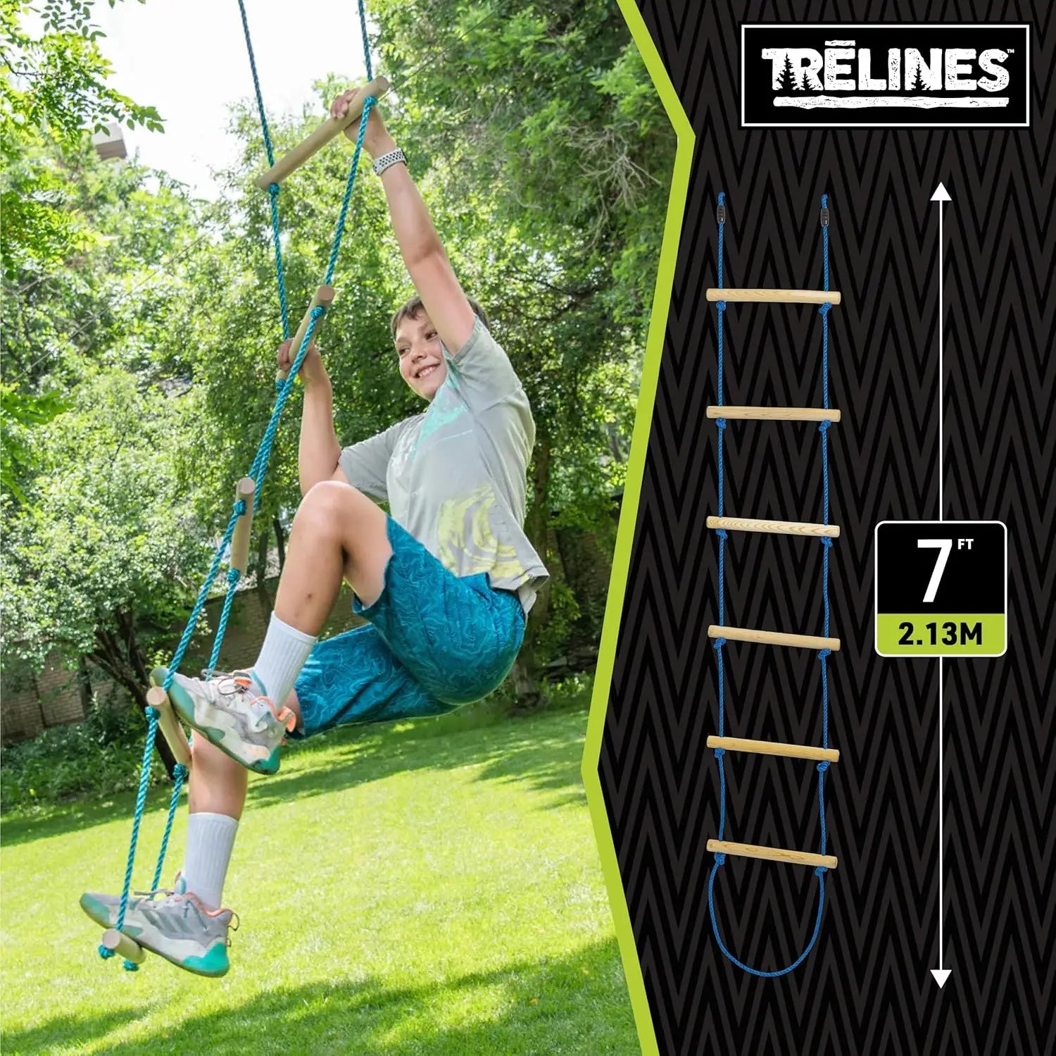 Trelines 7' Wooden Climbing Rope Ladder - The Ultimate Kids' Ninja Warrior Obstacle Course Accessory TRELINES