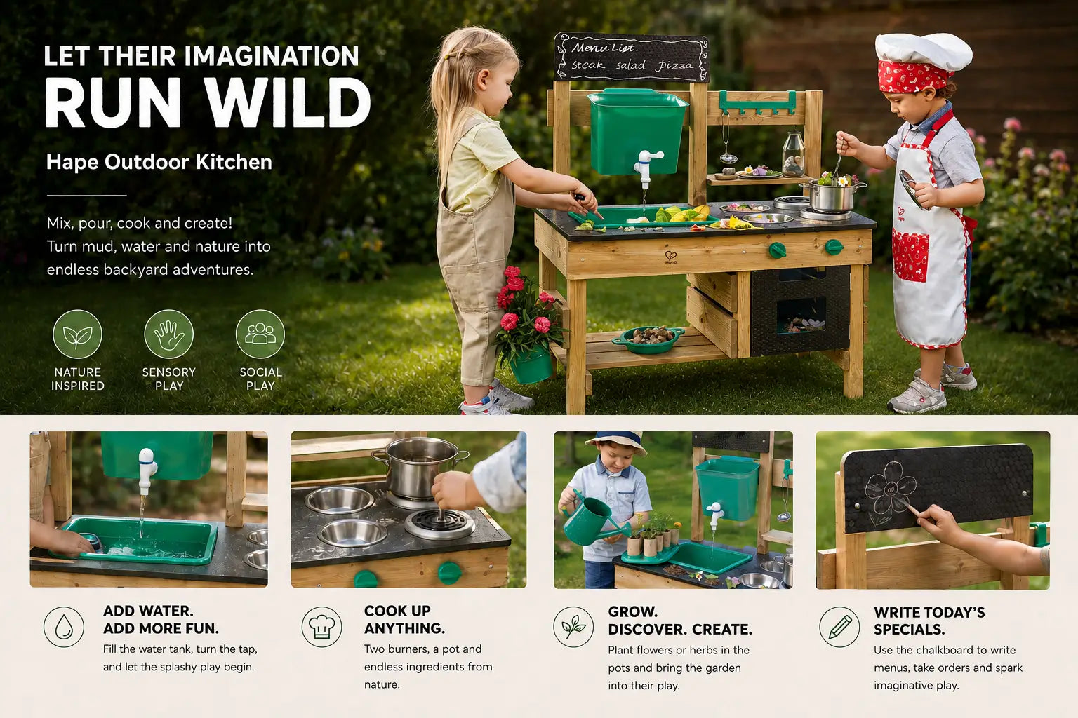 Hape Wooden Outdoor Mud Kitchen for Kids - Preschool Playset with Accessories