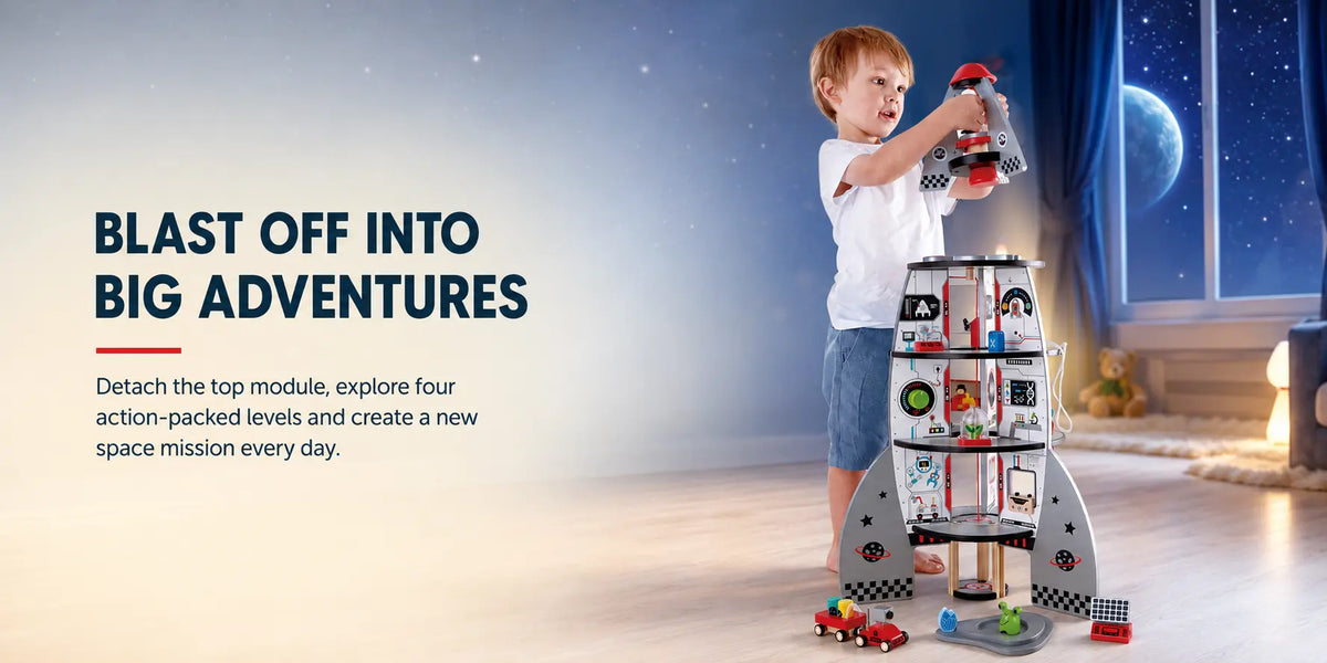 Hape Four-Stage 20 Piece Durable Wooden Rocket and Spaceship