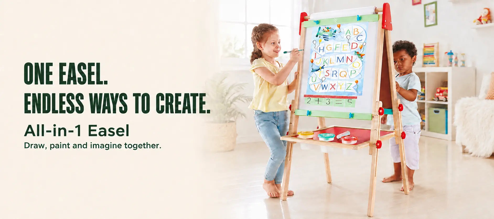 Hape All-in-One Wooden Kid's Art Easel - Double-Sided Magnetic Whiteboard & Chalkboard with Paper Roll