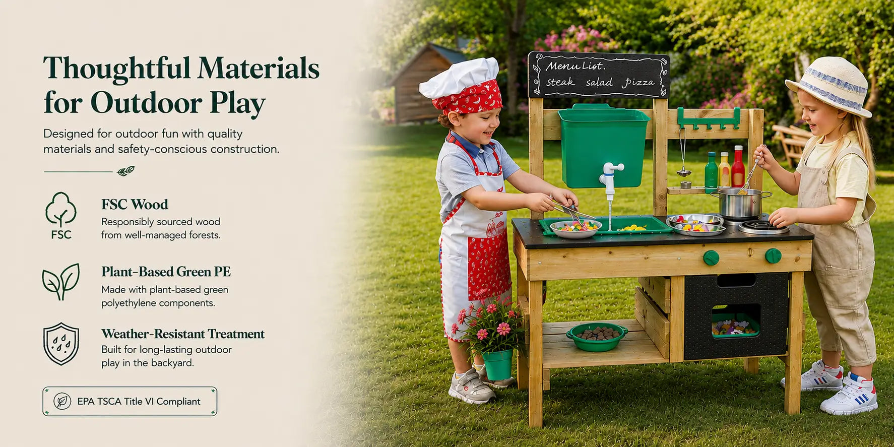 Hape Wooden Outdoor Mud Kitchen for Kids - Preschool Playset with Accessories