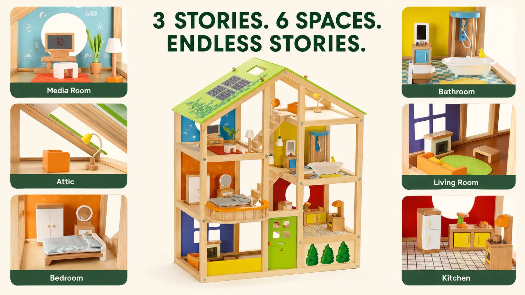 Hape All Seasons Wooden Dollhouse | 3-Story Furnished Kids Playset