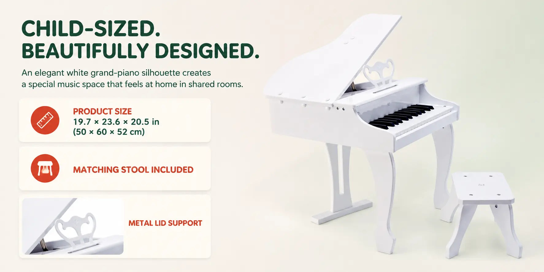 Hape Deluxe White Grand Piano Thirty Key Piano Toy