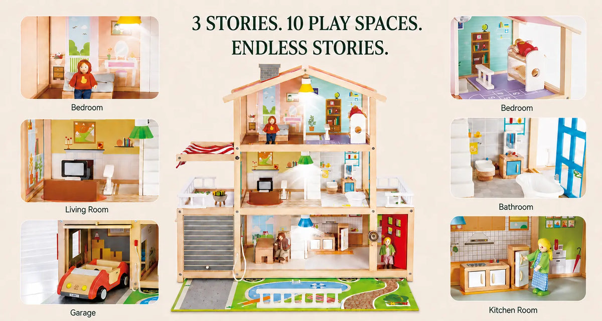 Hape Family Mansion Wooden Dollhouse | Playset with Furniture & Dolls