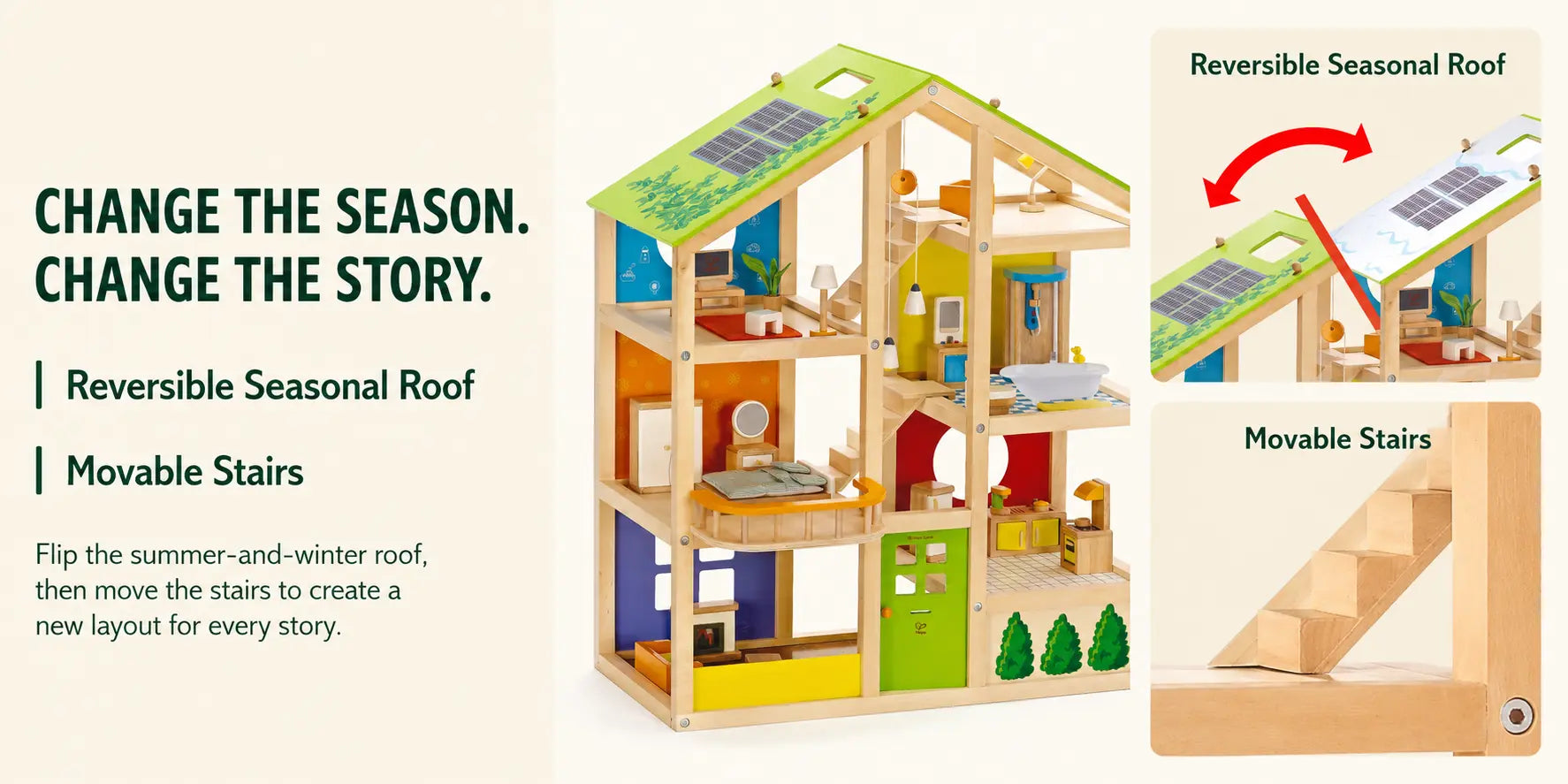 Hape All Seasons Wooden Dollhouse | 3-Story Furnished Kids Playset