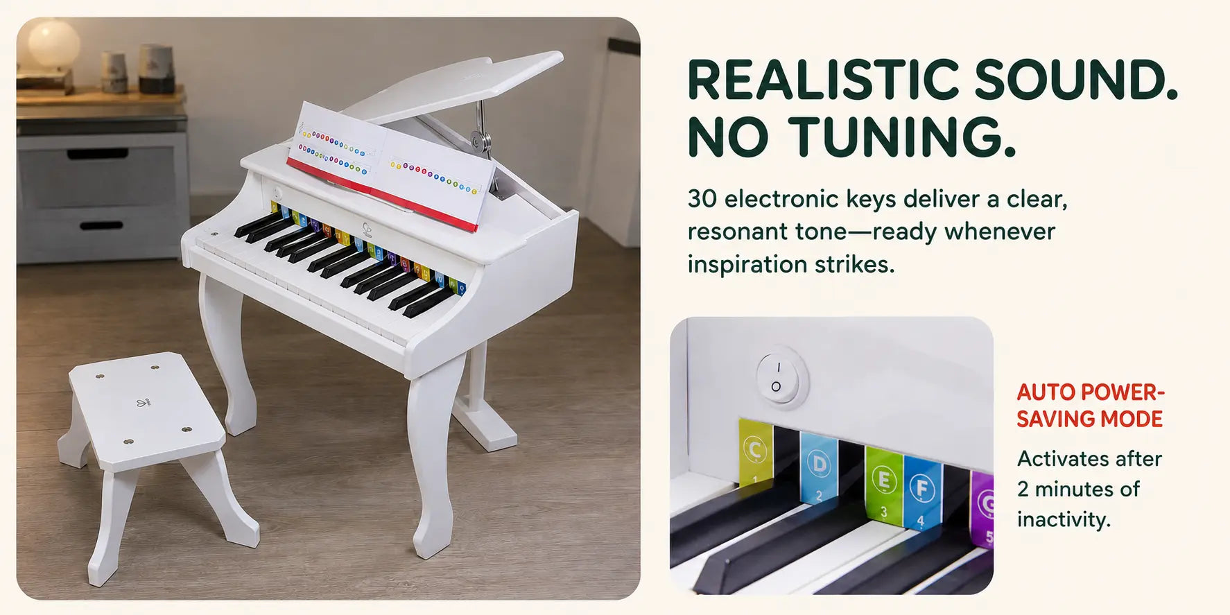 Hape Deluxe White Grand Piano Thirty Key Piano Toy