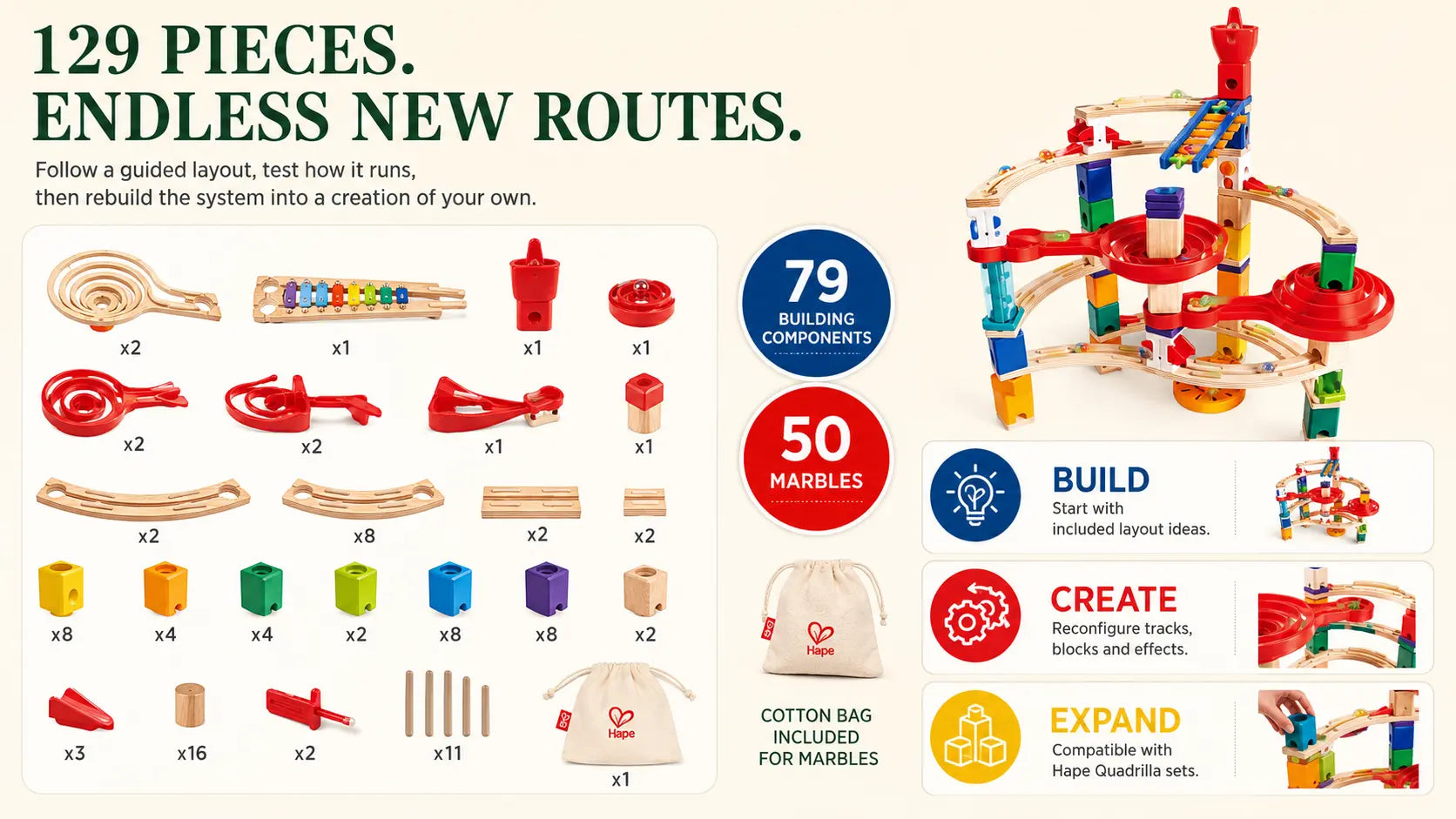 Hape Quadrilla Super Spirals Wooden Marble Run Blocks