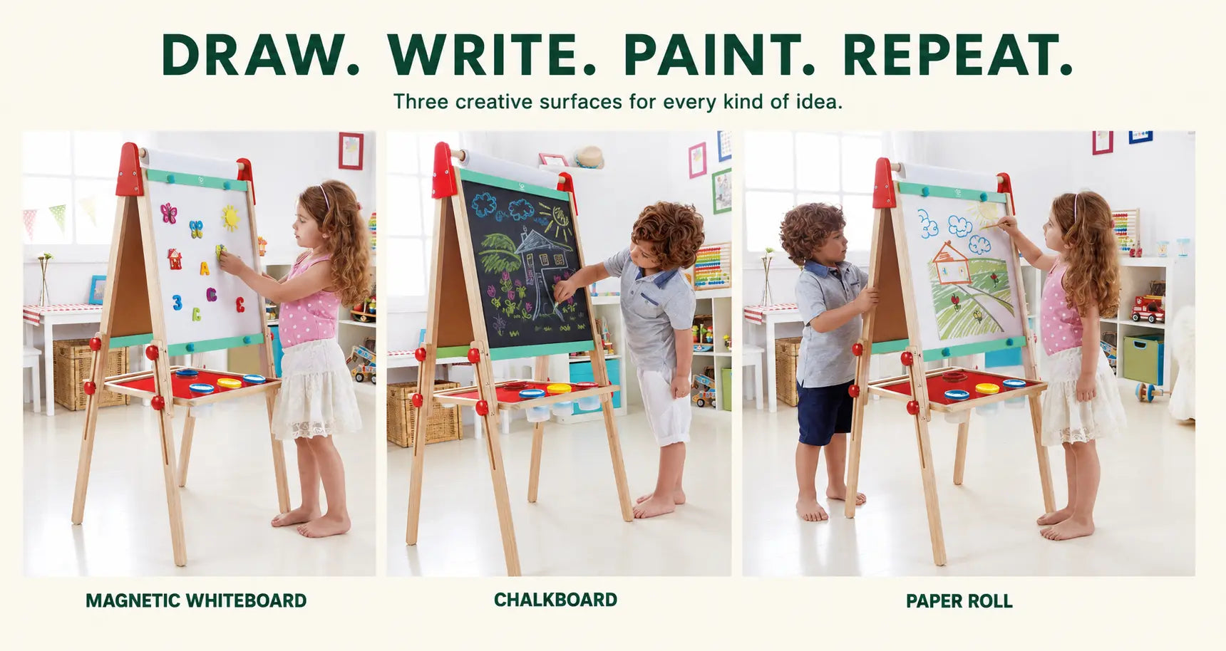 Hape All-in-One Wooden Kid's Art Easel - Double-Sided Magnetic Whiteboard & Chalkboard with Paper Roll