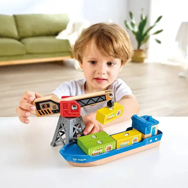 Hape Crane and Cargo Train Set | Wooden Railway Toy Set with Magnetic  Crane, Button Operated Loader and Adjustable Rail Signal Multicolor, 19.69