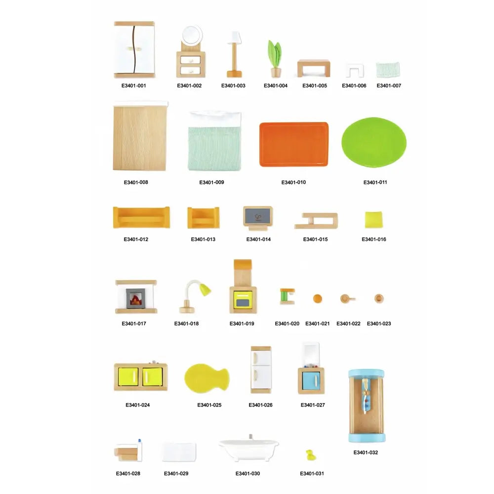 32 furniture and accessory pieces included with the Hape E3401B wooden dollhouse