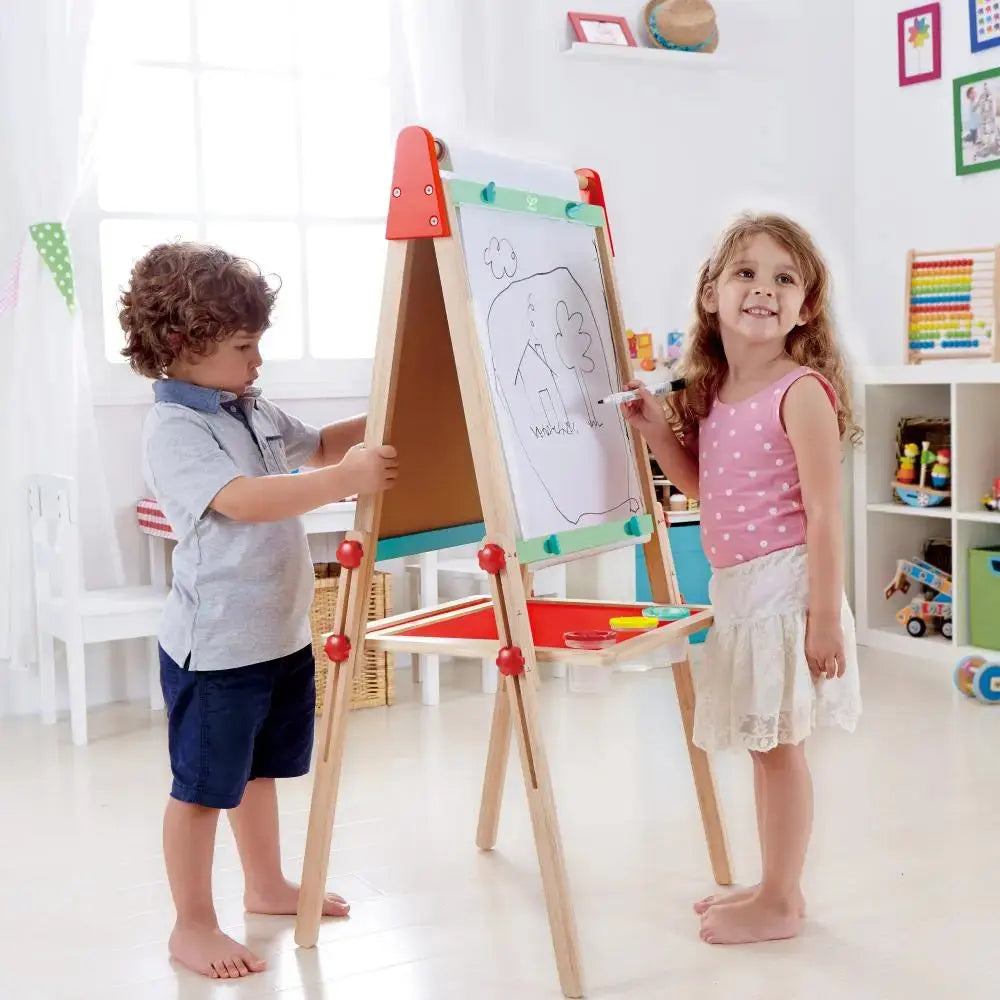 Front-and-back comparison of the Hape E1010B easel showing the magnetic whiteboard and chalkboard sides