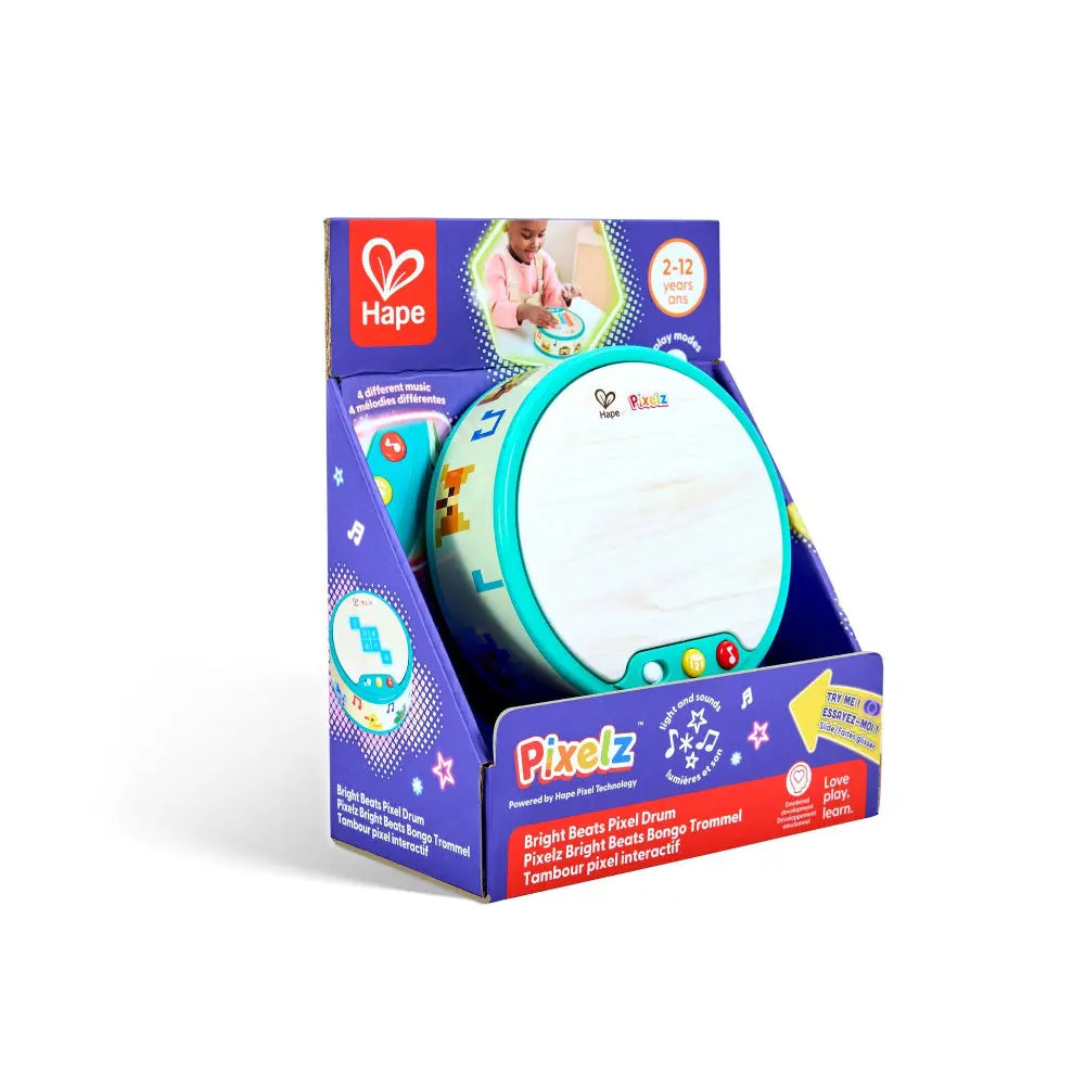 Pixelz Bright Beats Drum in Hape packaging on a white background