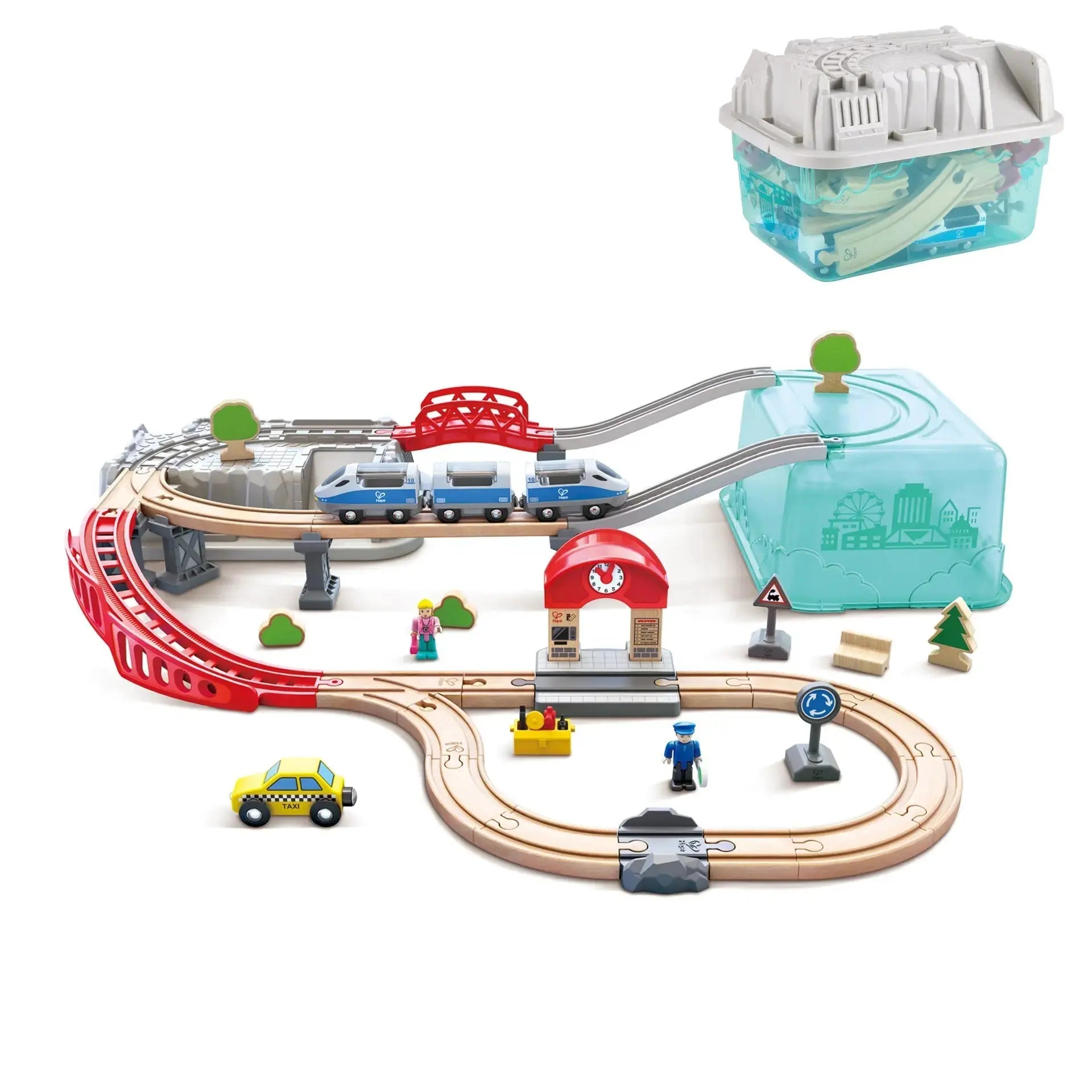 Hape Wooden Busy City Train Rail Set| 51 PCs Pretend Play Railway Set for  Kids Age 3Y+