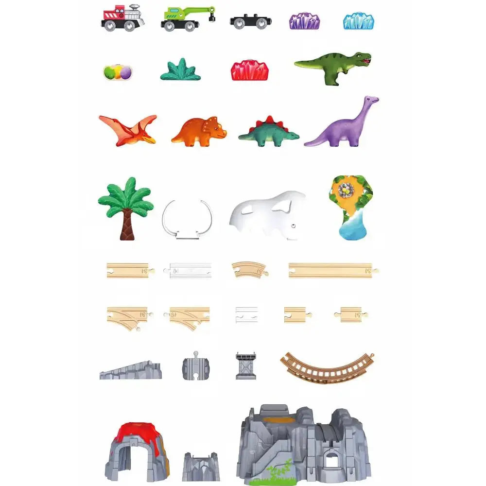Hape Dinosaur Railway Adventure Set contents with trains, dinosaurs, wooden tracks and volcano pieces