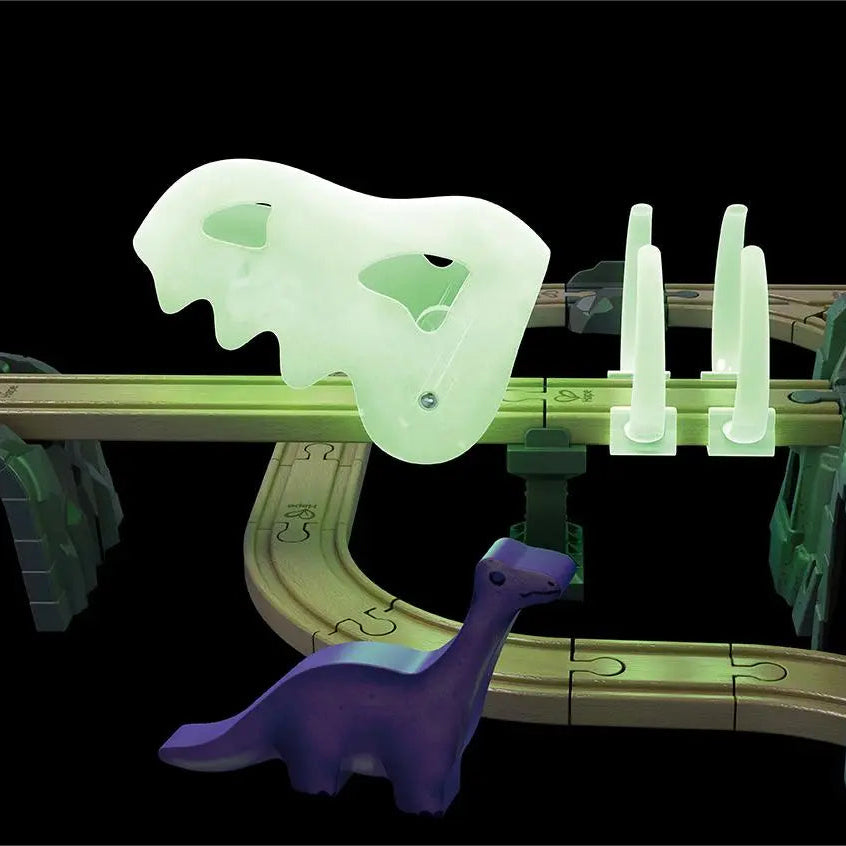 Glow-in-the-dark dinosaur skull and rib-cage railway track