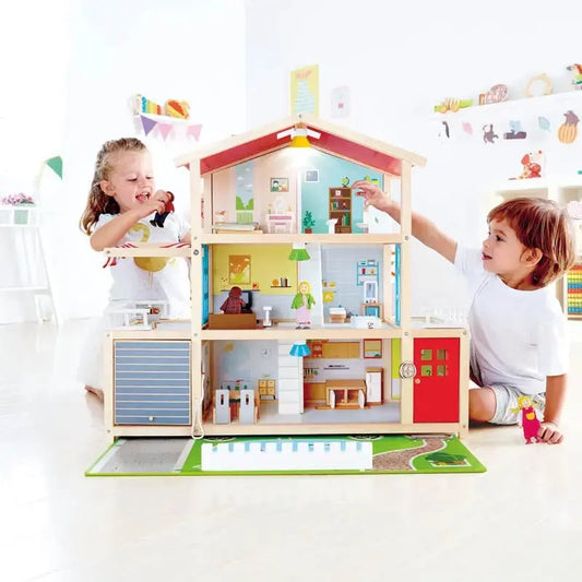 All Seasons Kids Wooden Dollhouse by Hape | Award Winning 3 Story Dolls  House Toy with Furniture, Accessories, Movable Stairs and Reversible Season