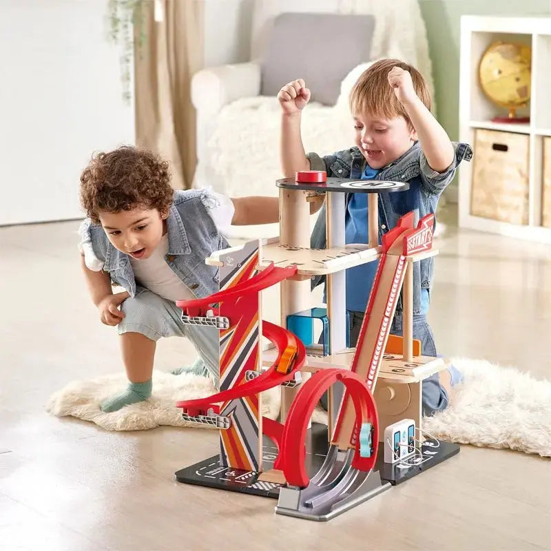 Hape Gearhead Stunt Garage Wooden High Rise Car Parking Lot