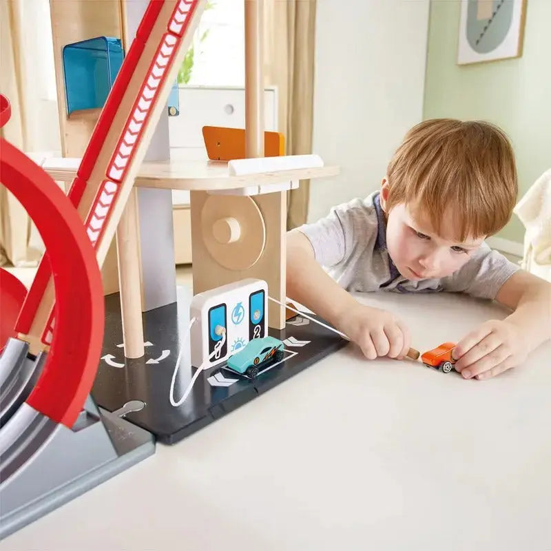 Hape Gearhead Stunt Garage Wooden High Rise Car Parking Lot