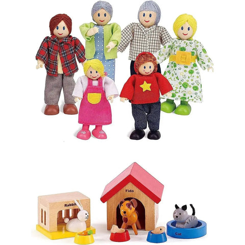 Hape Happy Family Dollhouse with Pet Set Doll Family Set Wooden Dolls House