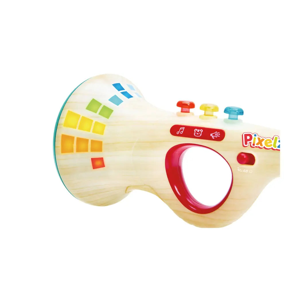 Colorful toy guitar with pixelated design on a white background