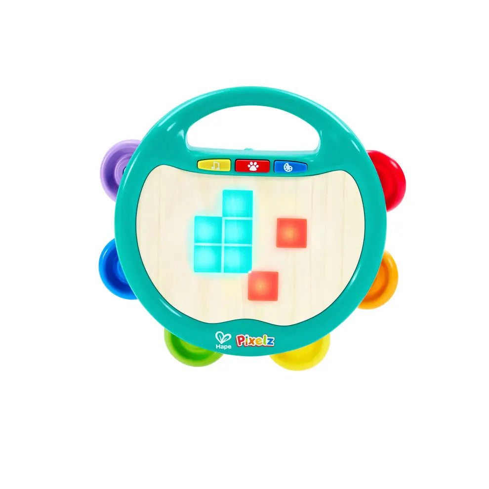 Colorful toy steering wheel with buttons and a screen on a white background