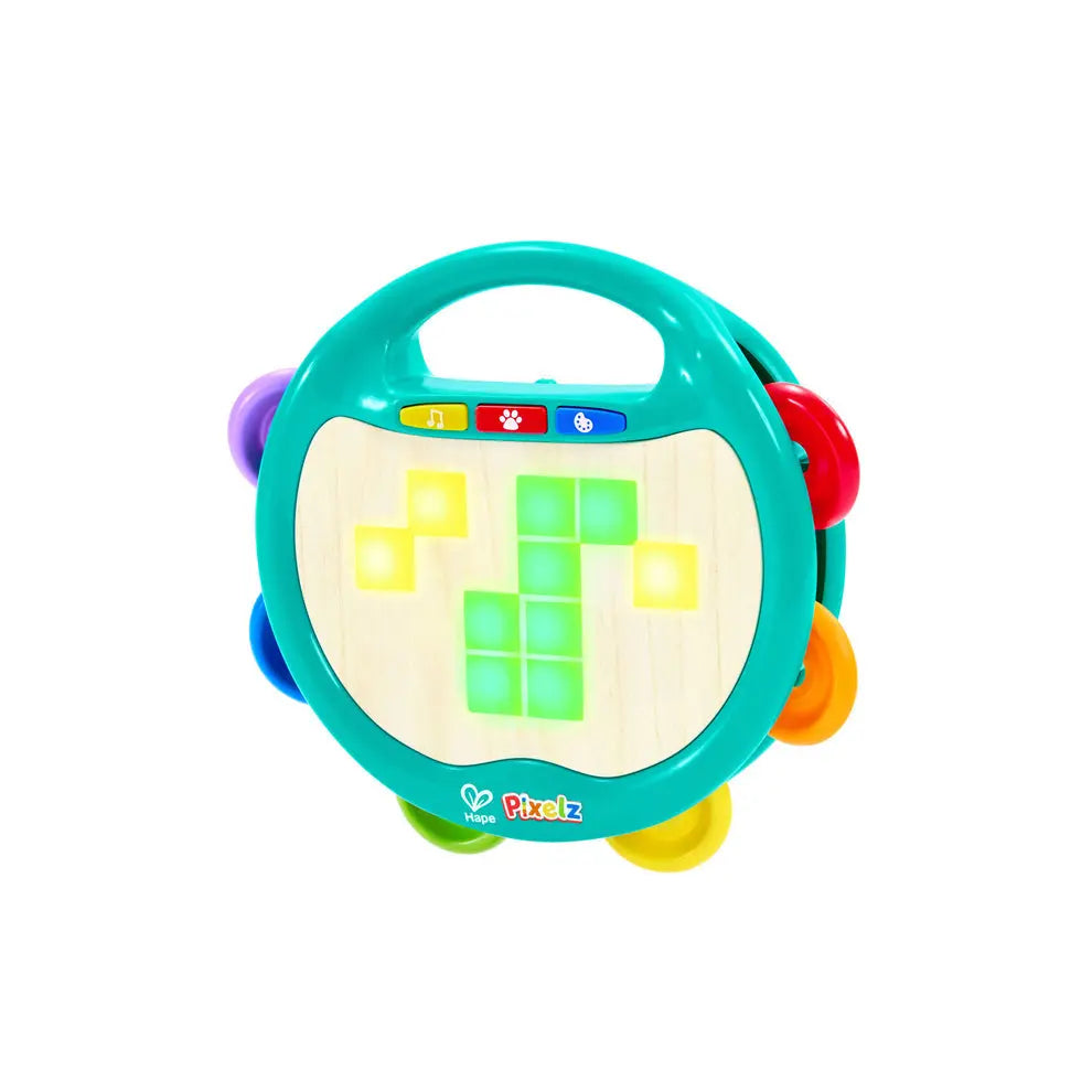 A colorful Piastri baby toy with a turquoise handle and face, featuring a light wood-grain center panel with glowing green and yellow geometric shapes, side buttons with purple, blue, red, orange, and yellow knobs, and a Piastri logo at the bottom.