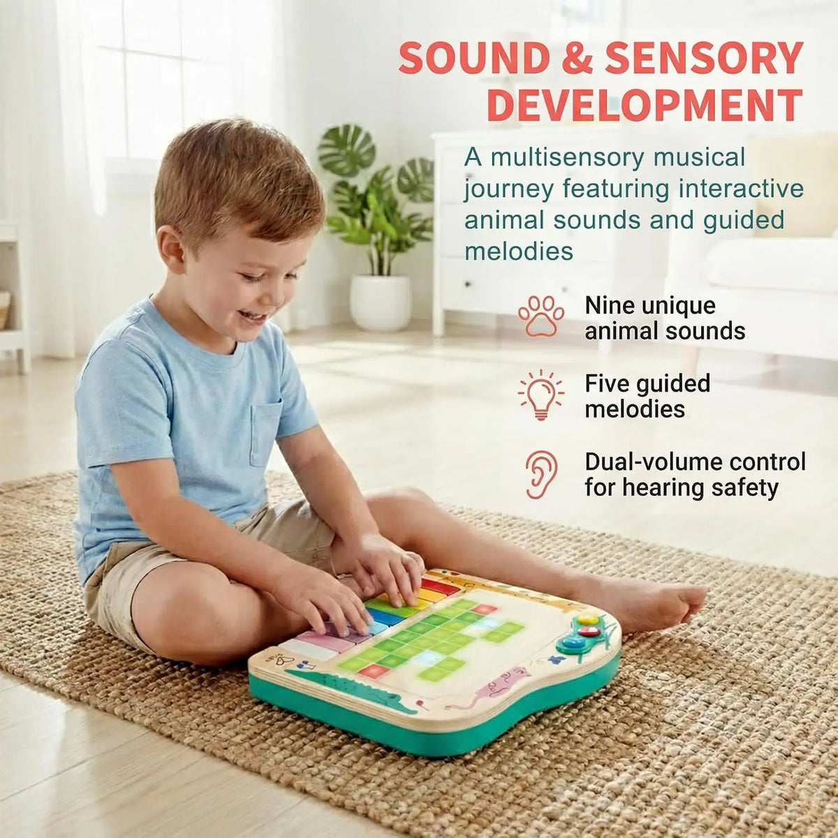 Child exploring animal sounds and guided melodies on the Hape Dynamic Pixel Piano