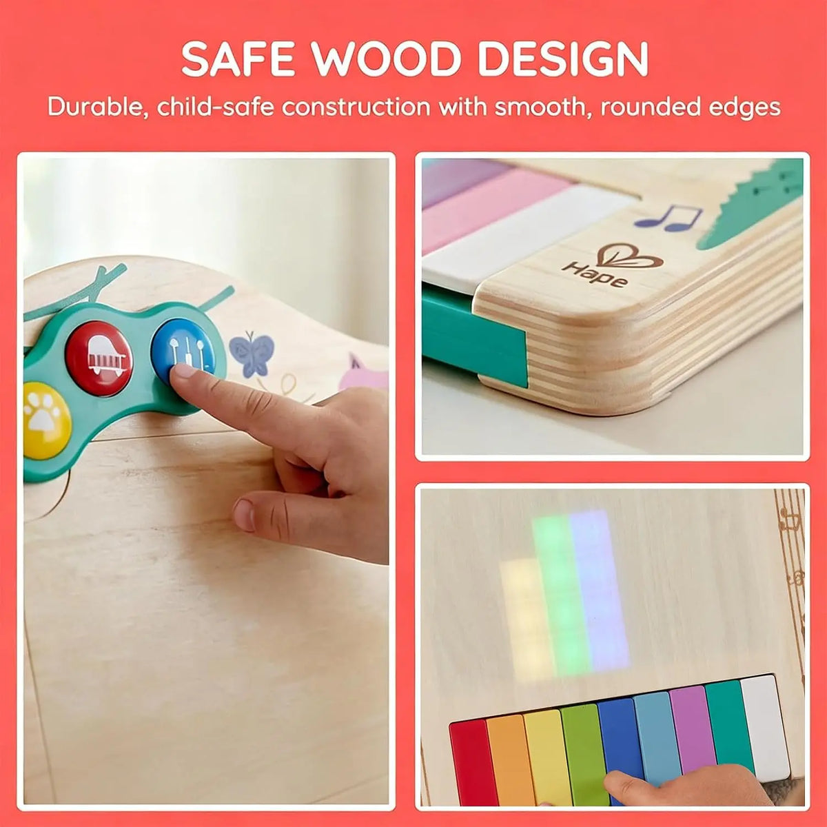 Close-up of Dynamic Pixel Piano mode buttons, wooden play panel and light-up keys