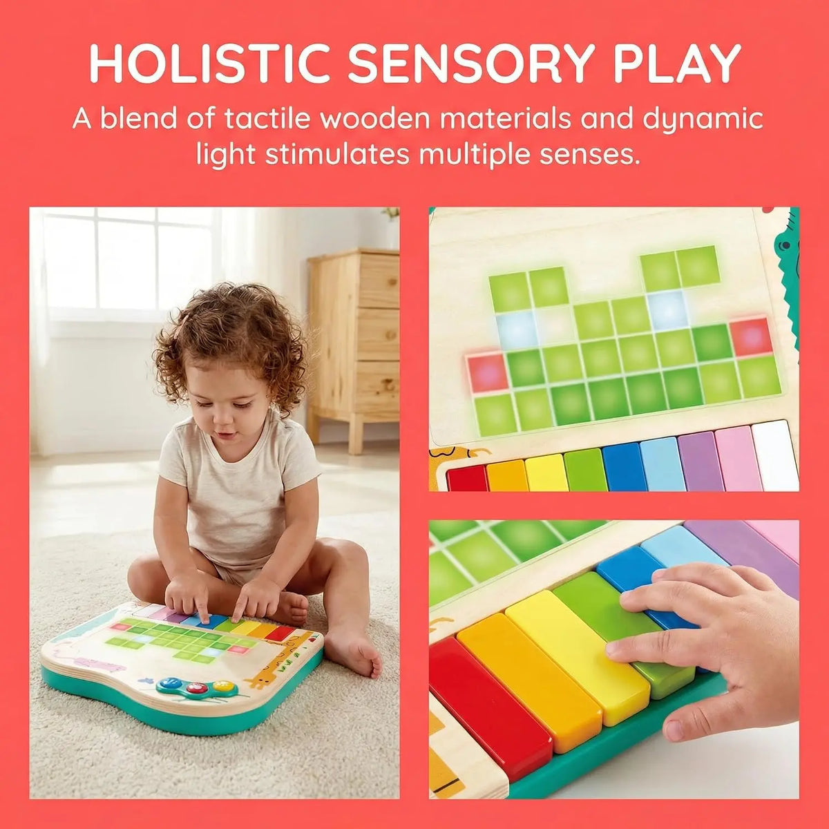 Child discovering pixel animals, colorful lights and musical keys on the Dynamic Pixel Piano