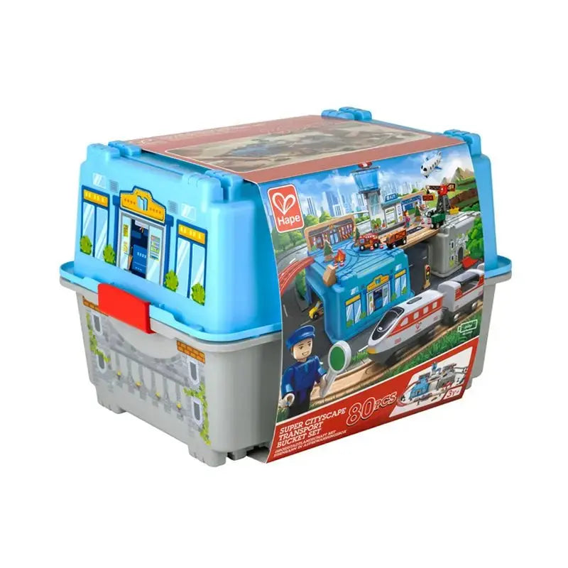 Hape Super Cityscape Transport Bucket | Wooden Toy Train Set with City  Scenes, Plane, Battery-Powered Engine, for Children 3+ Years