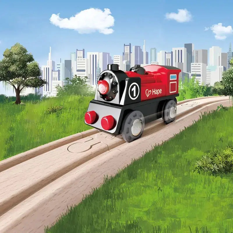 Hape Wooden Railway Battery Powered Engine No. 1 Kid's Train Set Red,  White, Black, Blue, L: 3.7, W: 1.3, H: 1.9 inch
