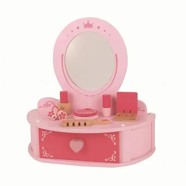 Petite Pink Vanity Toy Wooden Beauty Counter w/ Mirror and Accessories