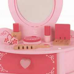 Hape Petite Pink Vanity Toy Wooden Beauty Counter w/ Mirror and Accessories