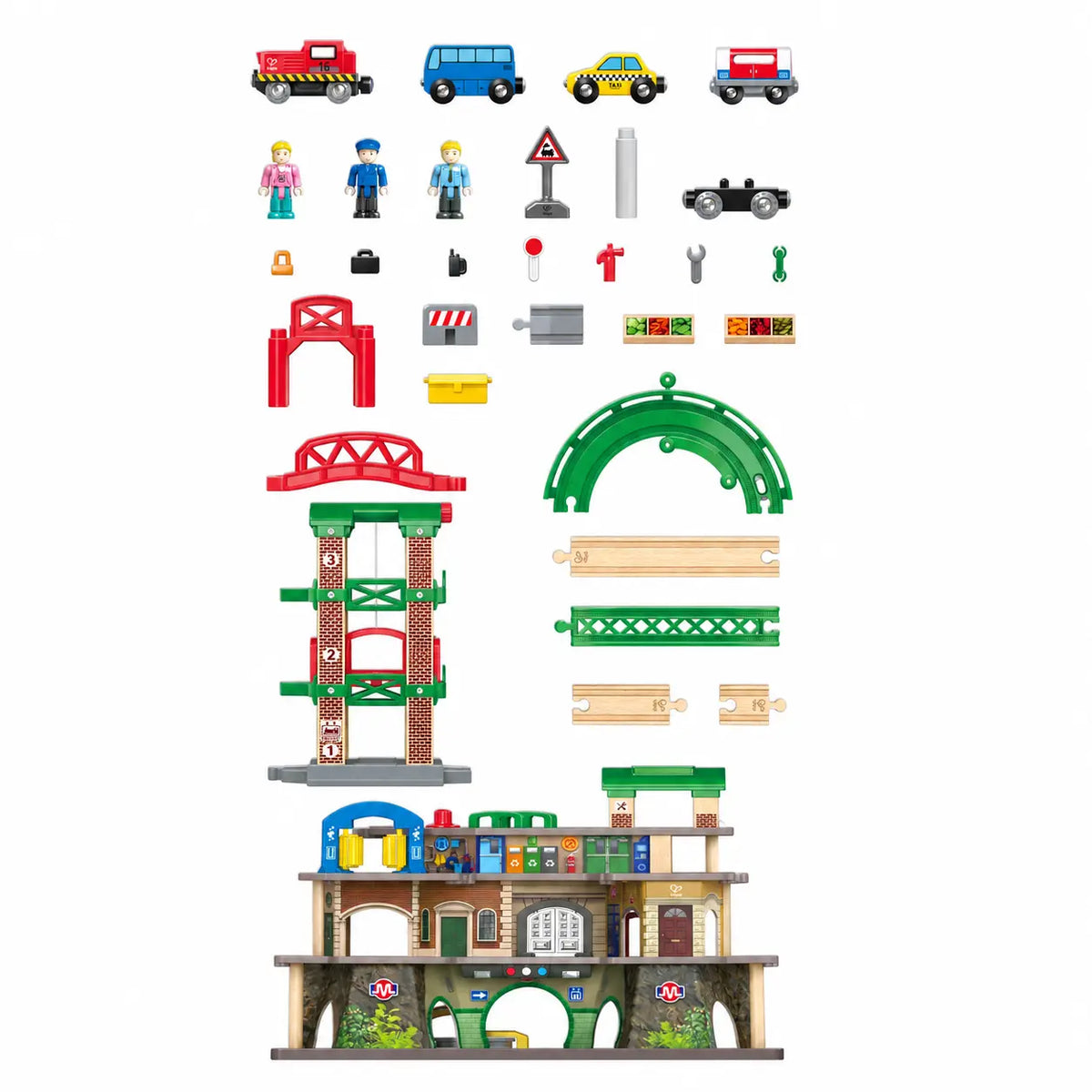 All 58 pieces included with the Hape E3883 railway set, including tracks, trains, vehicles, figures and supports