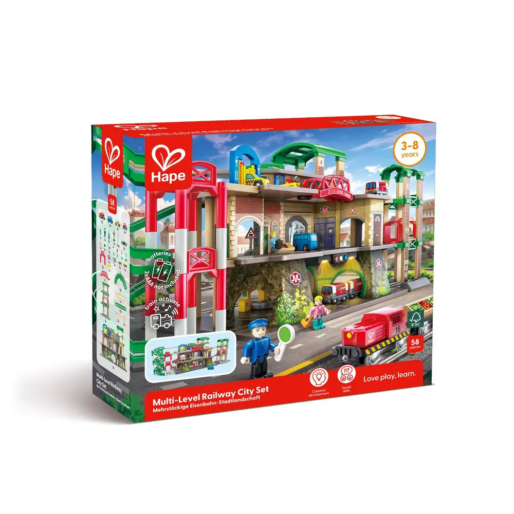 Hape Multi-Level Railway City Set E3883 retail box showing the complete railway layout