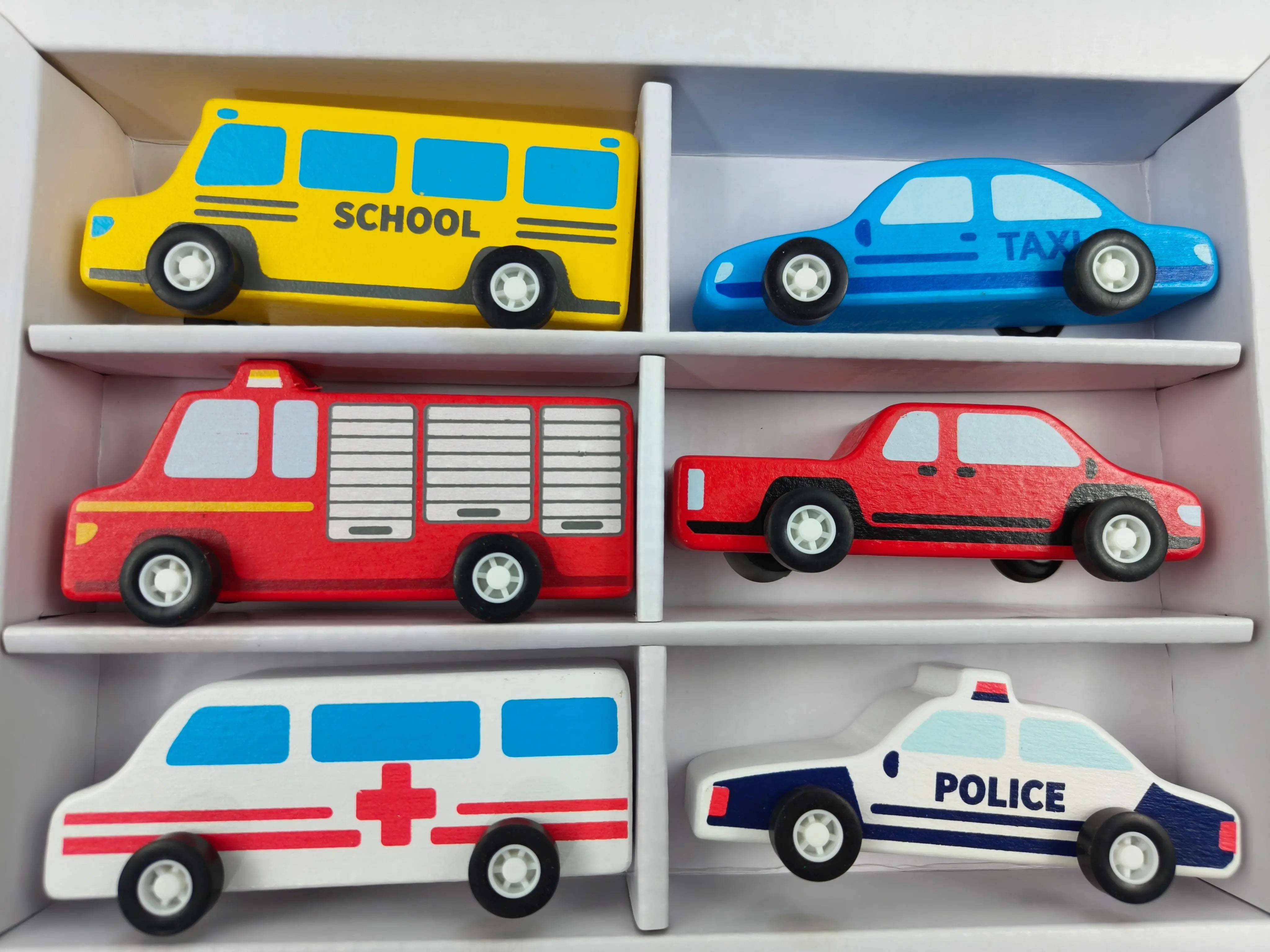 PINToy Wooden Vehicle Set  (Set of 6 Cars)                                                           Police,Ambulance,Fire,Taxi,School Bus,Car PIN Toys