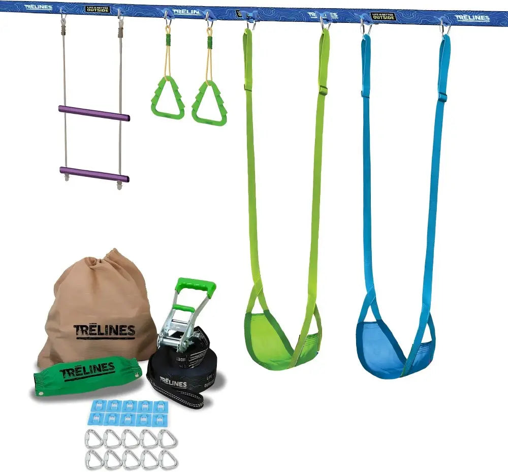 Trelines Swingset Gymnastics Kit 36' - Create an Affordable Swing Set, Slackline & Gymnastics Line - 2 Swings, Double Trapeze bar, 2 Ninja Tree Gym Rings - for Boys and Girls 3+ Holds 500 lbs+